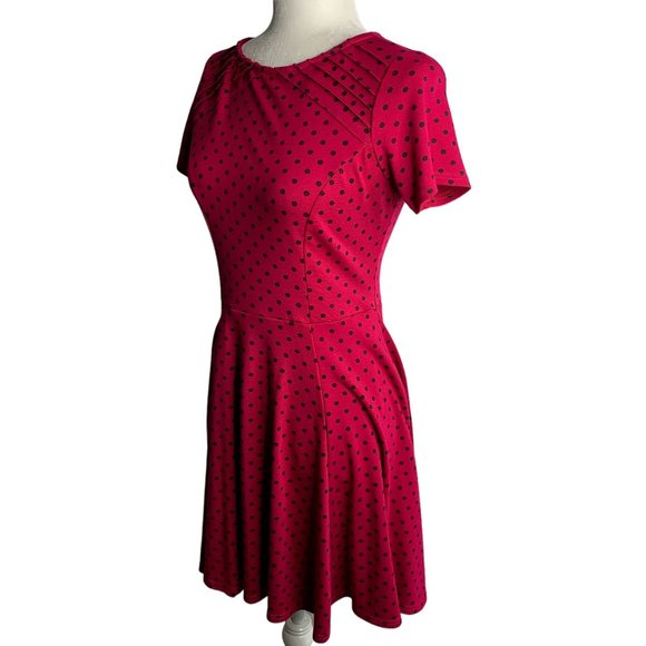 Unique Vintage Retro Swing Dress M Fuchsia Polka Dot Pleated Zip Stretch Knit - Picture 3 of 6